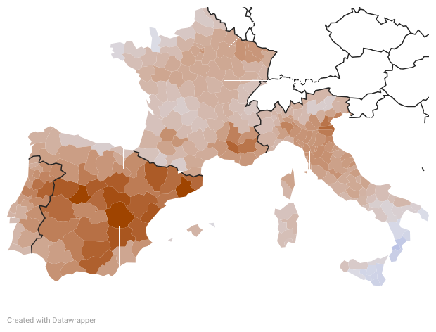 Soil moisture level in European wine districts, June 2026